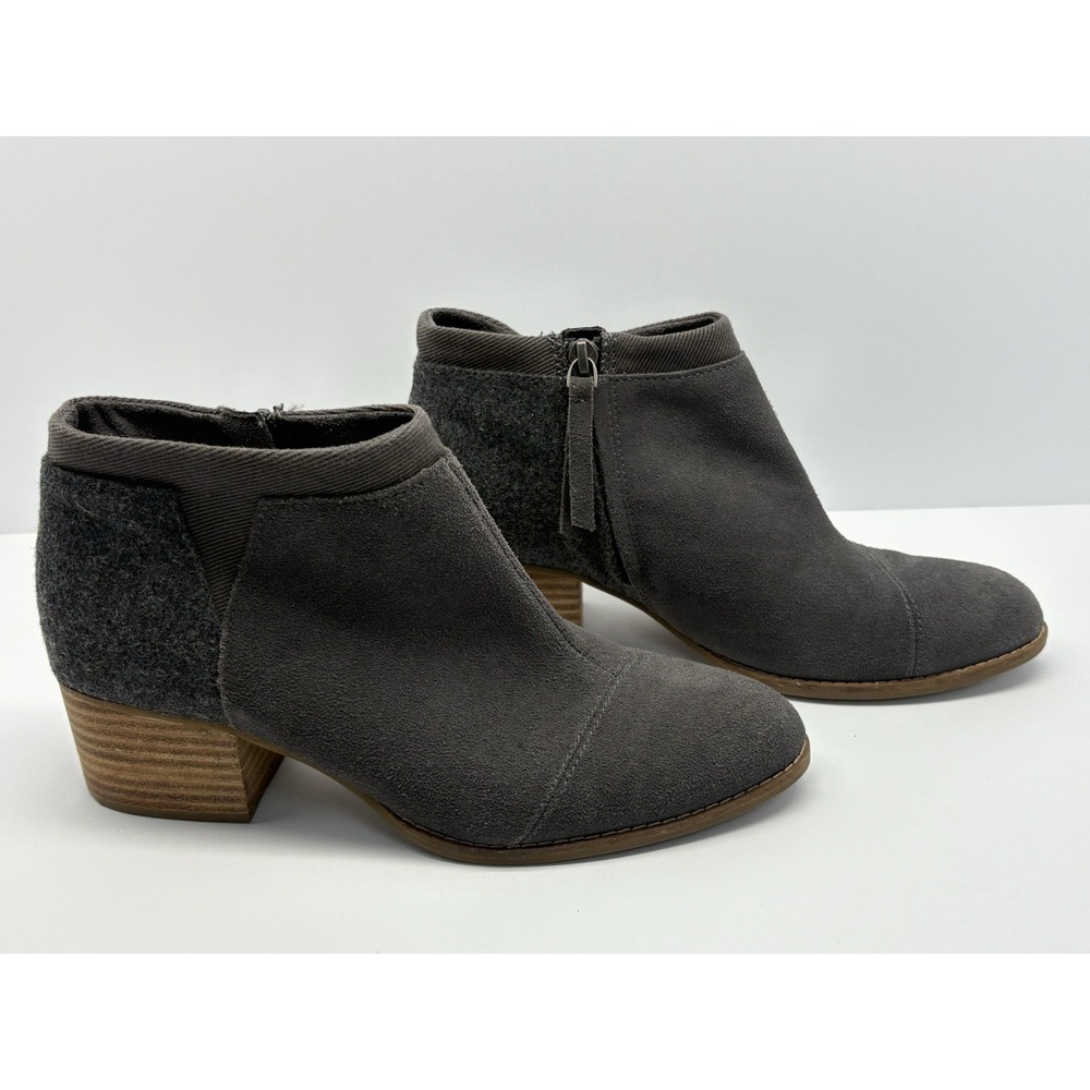 TOMS Loren Suede Ankle Booties Stacked Block Heel Gray Size 7.5